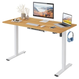 Flexispot Basic 100 x 60 cm Höhenverstellbarer Schreibtisch Elektrisch 2-Fach-Teleskop mit Tischplatte Sitz- & Stehpult (Maple, Weiß Gestell) - 1
